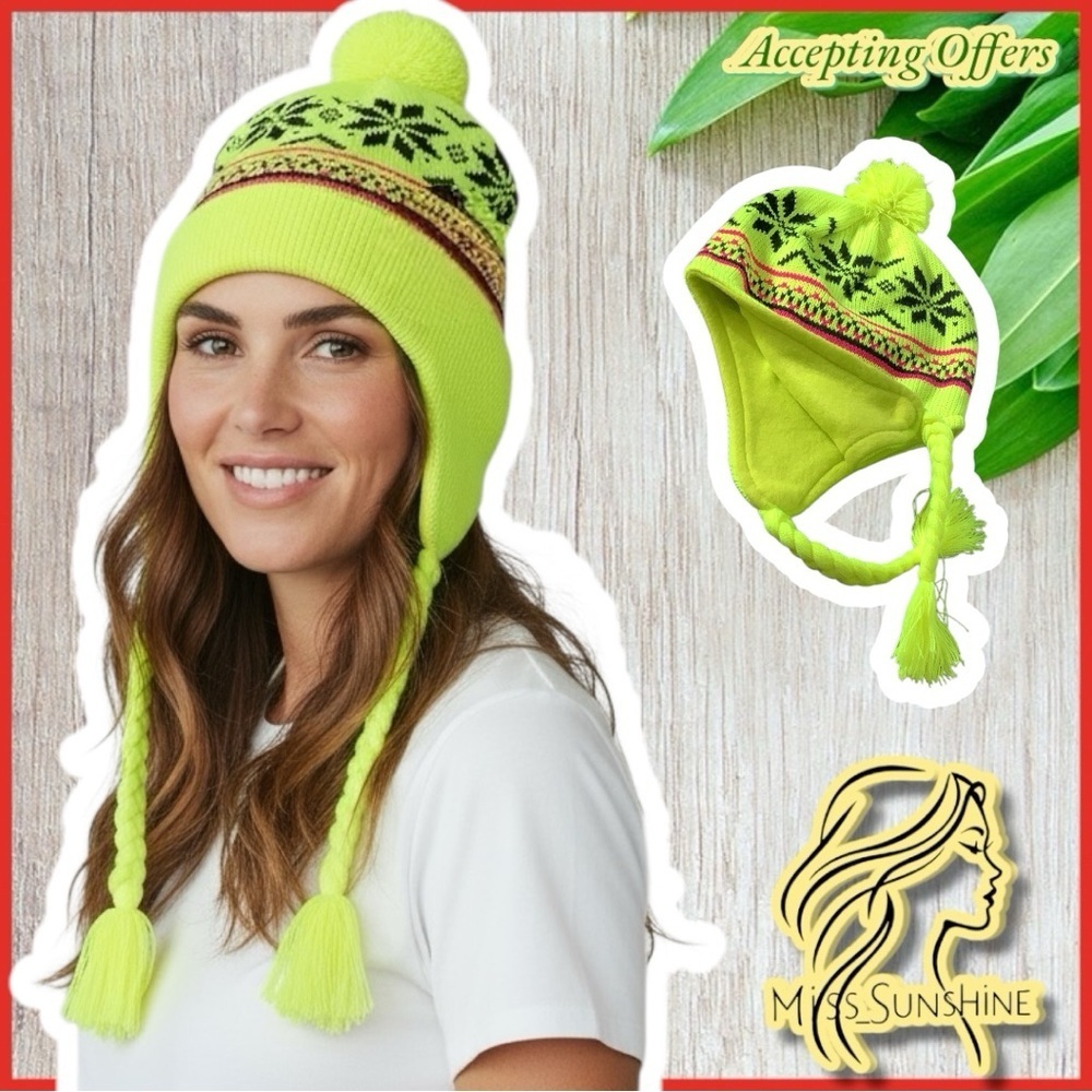 NEW - Pom Hat with braided fringe ends - fleece inside soft & warm